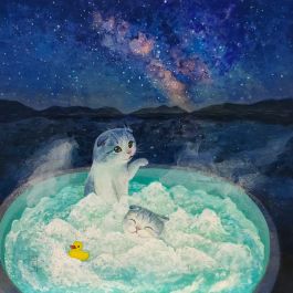 黒猫　星空　夜空　原画　クジラ　星　星座　キャンバス 黒猫 星空 夜空 原画 クジラ 星 星座 キャンバス 美術品 - 絵画